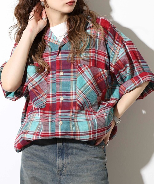 GERRY（ジェリー）の「GERRY ビッグシルエット ストレッチ チェック 半袖 シャツ（シャツ/ブラウス・メンズ・レッド/サックスブルー・L/LL/M）」の7枚目の写真