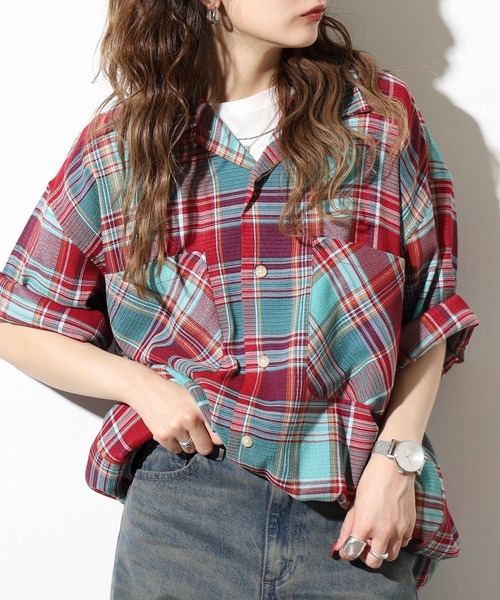 GERRY（ジェリー）の「GERRY ビッグシルエット ストレッチ チェック 半袖 シャツ（シャツ/ブラウス・メンズ・レッド/サックスブルー・L/LL/M）」の8枚目の写真