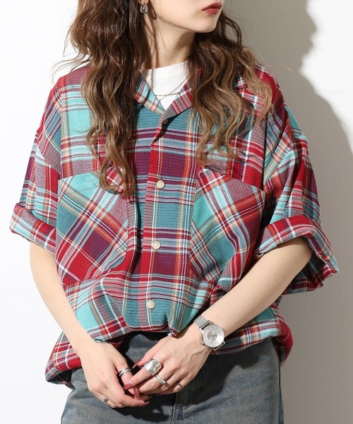 GERRY（ジェリー）の「GERRY ビッグシルエット ストレッチ チェック 半袖 シャツ（シャツ/ブラウス・メンズ・レッド/サックスブルー・L/LL/M）」の9枚目の写真