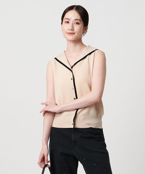 UNITED ARROWS リボンモチーフ ノースリーブ スカラップ セーラー ノースリーブ ニット ウォッシャブル
