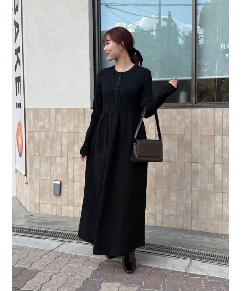 セール】ヘンリーネックデザインニットワンピース（ワンピース