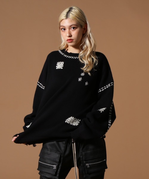 DANKE SCHON（ダンケシェーン）の「DankeSchon/ダンケシェーン/HAND STITCH KINT CREWNECK（ニット/セーター・レディース・ブラック/ホワイト・L/M/S）」の2枚目の写真
