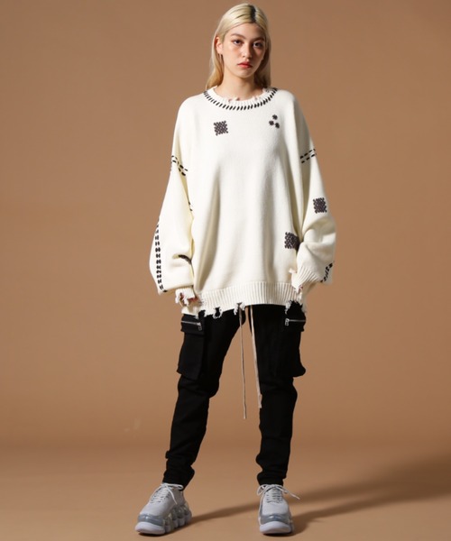 DANKE SCHON（ダンケシェーン）の「DankeSchon/ダンケシェーン/HAND STITCH KINT CREWNECK（ニット/セーター・レディース・ブラック/ホワイト・L/M/S）」の3枚目の写真