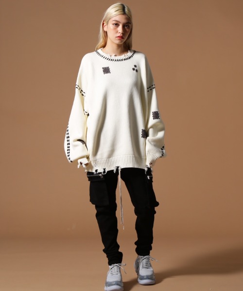 DANKE SCHON（ダンケシェーン）の「DankeSchon/ダンケシェーン/HAND STITCH KINT CREWNECK（ニット/セーター・レディース・ブラック/ホワイト・L/M/S）」の4枚目の写真