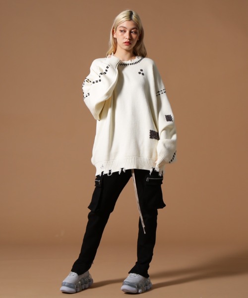 DANKE SCHON（ダンケシェーン）の「DankeSchon/ダンケシェーン/HAND STITCH KINT CREWNECK（ニット/セーター・レディース・ブラック/ホワイト・L/M/S）」の6枚目の写真