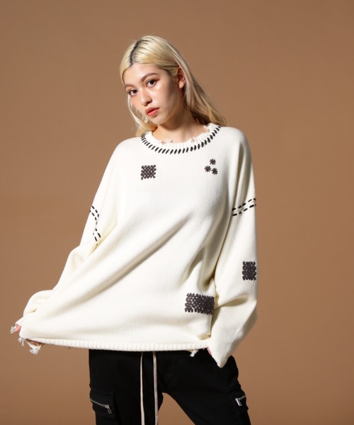 DANKE SCHON（ダンケシェーン）の「DankeSchon/ダンケシェーン/HAND STITCH KINT CREWNECK（ニット/セーター・レディース・ブラック/ホワイト・L/M/S）」の13枚目の写真