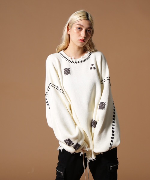 DANKE SCHON（ダンケシェーン）の「DankeSchon/ダンケシェーン/HAND STITCH KINT CREWNECK（ニット/セーター・レディース・ブラック/ホワイト・L/M/S）」の14枚目の写真