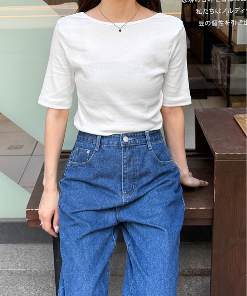 LE MORE(リモア)の「バックオープンハーフスリーブトップス(Tシャツ/カットソー・レディース・アイボリー/ネイビー/ブラック・FREE)」の12枚目の写真