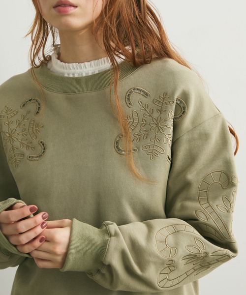 Crisp（クリスプ）の「ヴィンテージカットワークデザインスウェット（スウェット・レディース・アイボリー/グリーン・FREE）」の2枚目の写真