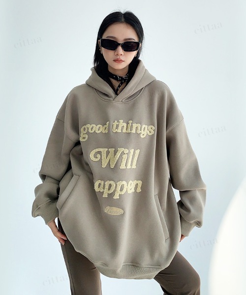 韓国ファッション　happenサガラ刺繍ロゴフーディー