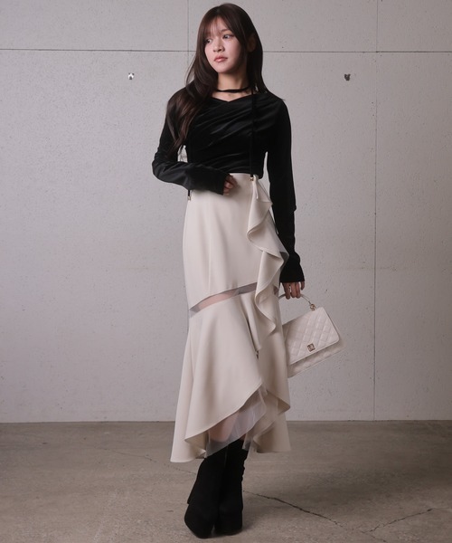 LIPSERVICE（リップサービス）の「シアーラインラッフルロングスカート（スカート・レディース・アイボリー/ブラック/その他1・S/M）」の5枚目の写真