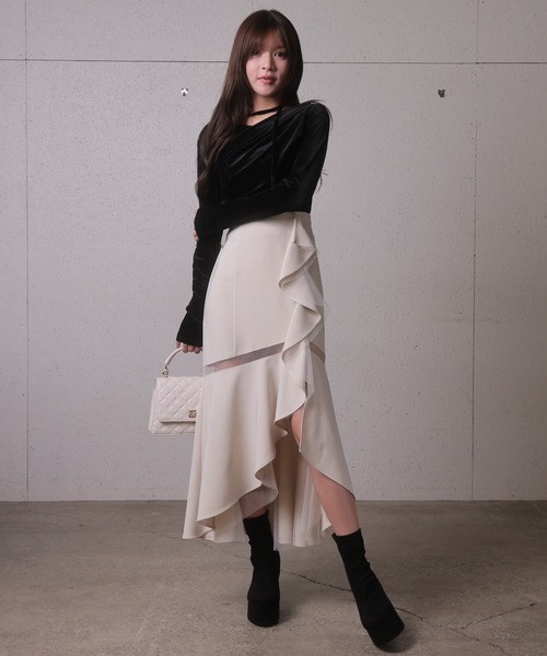 LIPSERVICE（リップサービス）の「シアーラインラッフルロングスカート（スカート・レディース・アイボリー/ブラック/その他1・S/M）」の4枚目の写真