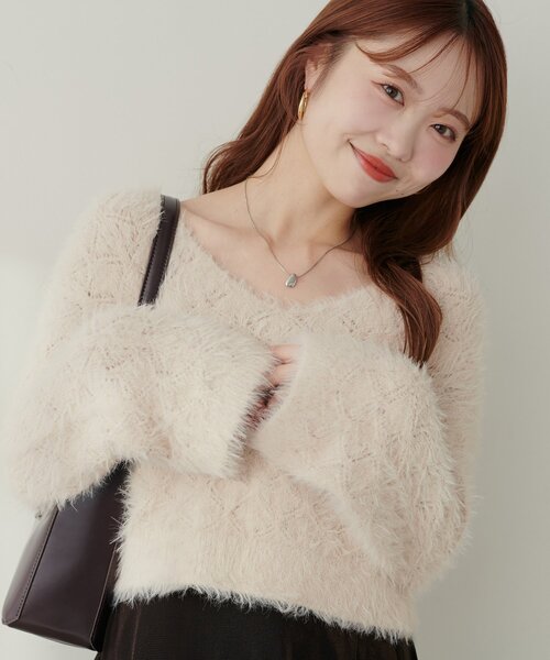 natural couture（ナチュラルクチュール）の「【mizu】ロンバス柄ファンシーニット（ニット/セーター・レディース・オフホワイト/ピンク/モカ・FREE）」の3枚目の写真