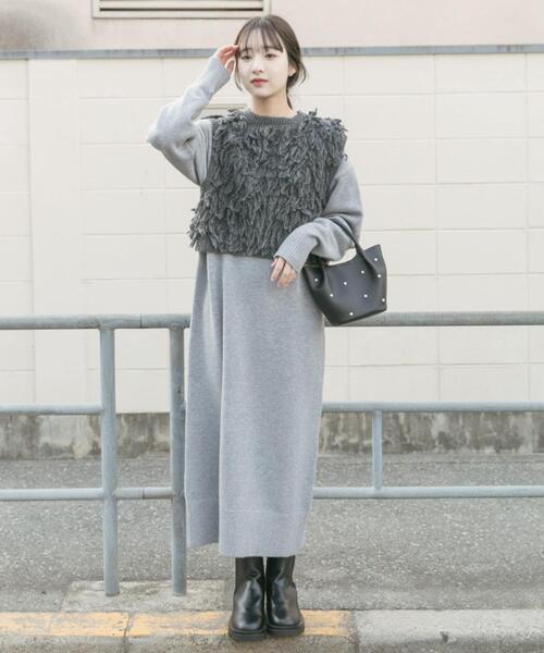 ITEMS URBANRESEARCH（アイテムズ アーバンリサーチ）の「ループニットベストセットワンピース（ワンピース・レディース・グレー/イエロー系その他/ブラウン・FREE）」の4枚目の写真