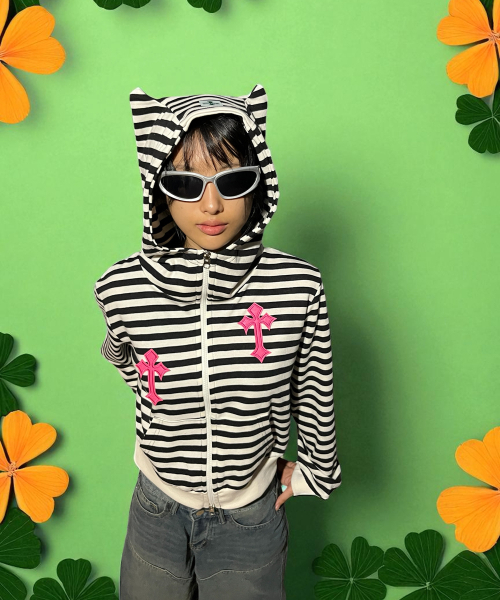 Twin Cross Kitty Hood Zip-up (Black)（パーカー）｜BORN SLIPPY
