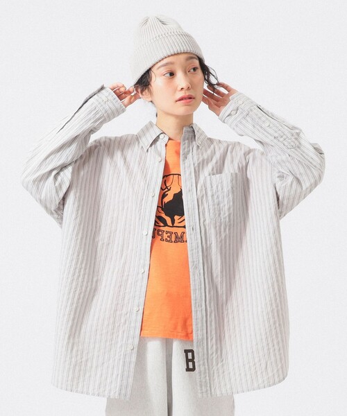 BEAMS BOY(ビームスボーイ)の「ドビー ストライプ ビッグ BDシャツ(シャツ/ブラウス・レディース・イエロー/グレー/ピンク・ONE SIZE)」の2枚目の写真