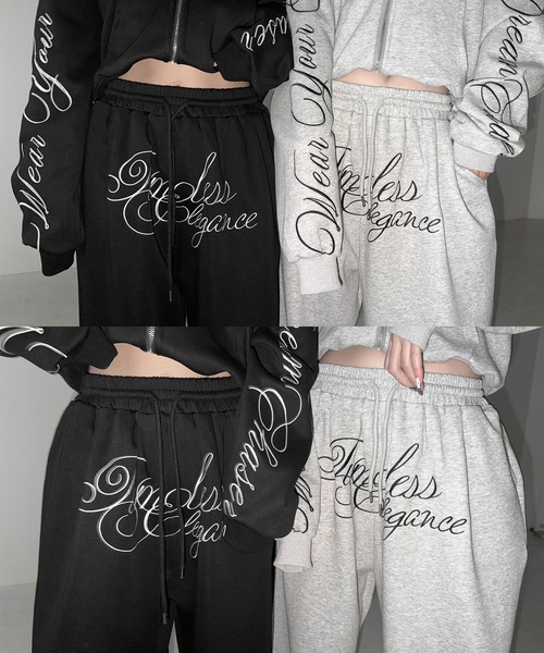 me+em select（ミームセレクト）の「【 ３color 】フロントレタリングロゴ刺繍ワイドスウェットパンツ ／ front lettering logo embroidery wide sweatpants（スウェットパンツ・レディース・ブラック/グレー/ピンク・FREE）」の4枚目の写真