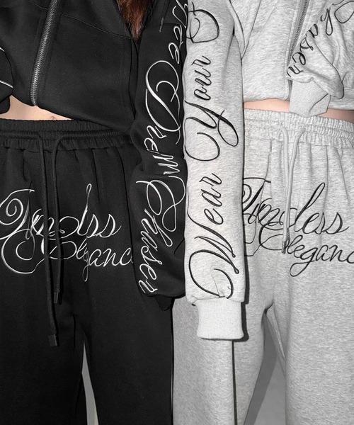 me+em select（ミームセレクト）の「【 ３color 】フロントレタリングロゴ刺繍ワイドスウェットパンツ ／ front lettering logo embroidery wide sweatpants（スウェットパンツ・レディース・ブラック/グレー/ピンク・FREE）」の6枚目の写真