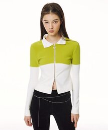 GOCORI（ゴコリ）の「2WAY ZIP UP TOP - ライム＆ホワイト クロップジャージトップ（カーディガン/ボレロ）」