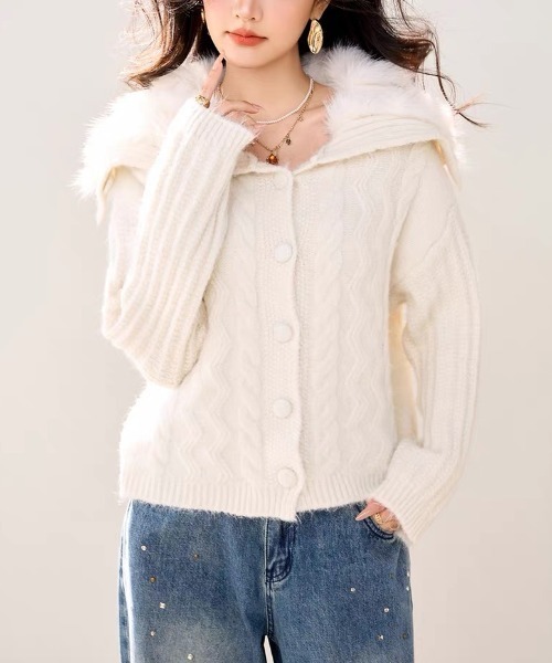 gossip！ロサンゼルス（ゴシップロサンゼルス）の「ふわふわ セーラーネック ケーブル編みゆったりニットカーディガン（カーディガン/ボレロ・レディース・ブラウン/ホワイト/グレー・FREE）」の13枚目の写真