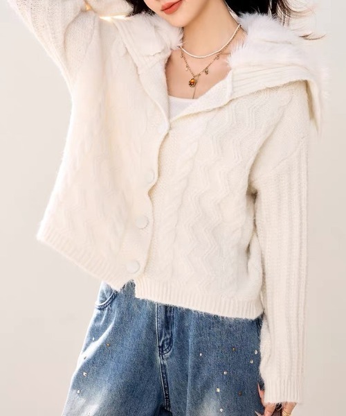 gossip！ロサンゼルス（ゴシップロサンゼルス）の「ふわふわ セーラーネック ケーブル編みゆったりニットカーディガン（カーディガン/ボレロ・レディース・ブラウン/ホワイト/グレー・FREE）」の14枚目の写真