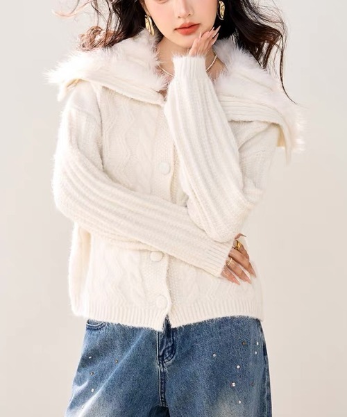 gossip！ロサンゼルス（ゴシップロサンゼルス）の「ふわふわ セーラーネック ケーブル編みゆったりニットカーディガン（カーディガン/ボレロ・レディース・ブラウン/ホワイト/グレー・FREE）」の17枚目の写真