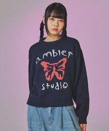 ピンクバタフライ オーバーサイズ クロップスウェットニット AKN402 (ネイビー)