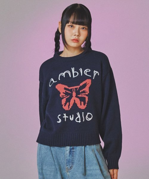 ambler(エムブラー)の「ピンクバタフライ オーバーサイズ クロップスウェットニット AKN402 (ネイビー)(ニット/セーター・レディース・その他・FREE)」の2枚目の写真