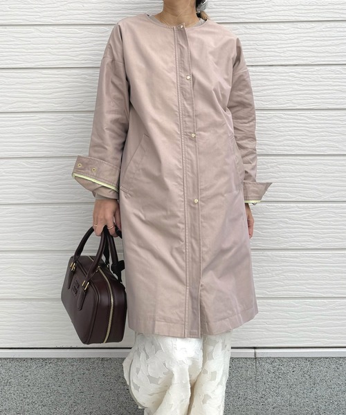 Q（キュー）の「ノーカラーツイルコート（ノーカラーコート・レディース・ベージュ/ブラック・MEDIUM）」の8枚目の写真