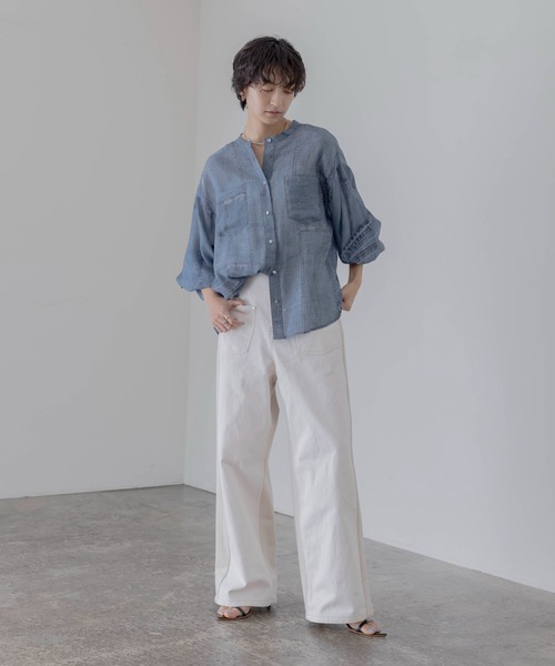 Eimee Law（エイミーロウ）の「パッチワークデニムプリントカフスリブシャツ（シャツ/ブラウス・レディース・ブルー/ライトブルー・FREE）」の4枚目の写真