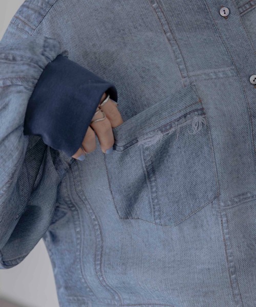 Eimee Law（エイミーロウ）の「パッチワークデニムプリントカフスリブシャツ（シャツ/ブラウス・レディース・ブルー/ライトブルー・FREE）」の19枚目の写真