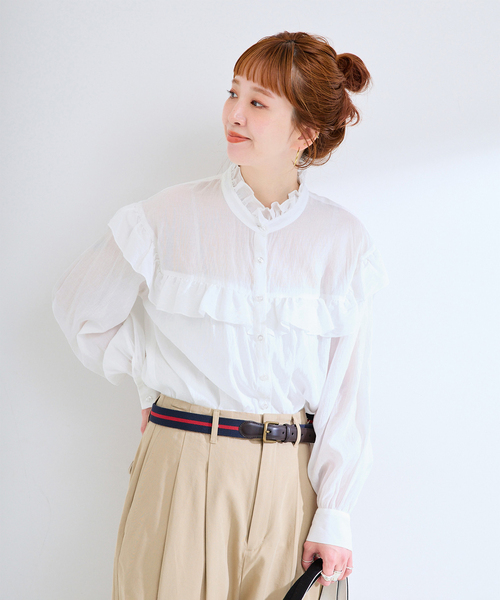 B.C STOCK（ベーセーストック）の「【一部WEB限定カラーあり】ドット無地アソートフリルブラウス（シャツ/ブラウス・レディース・ホワイト/ホワイト系その他/ブラック系その他/ブラック・FREE）」の2枚目の写真