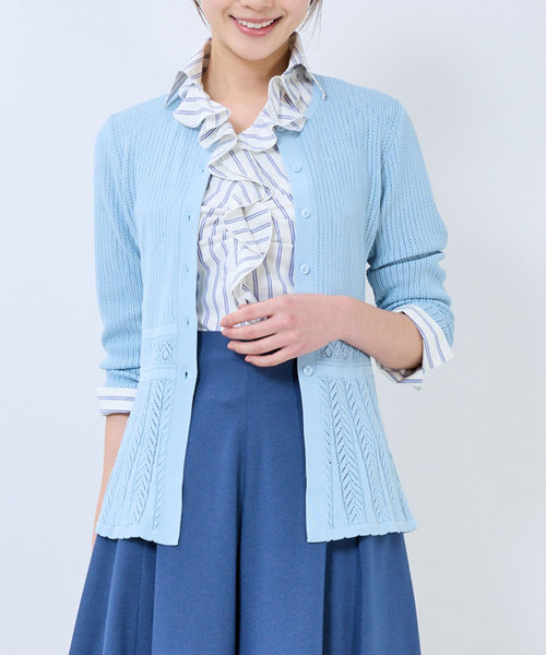 NARACAMICIE（ナラカミーチェ）の「【NARACAMICIE】透かし編みペプラムカーディガン（カーディガン/ボレロ・レディース・ネイビー/ブラウン/ピンク/ブルー/ブラック・M/L）」の4枚目の写真