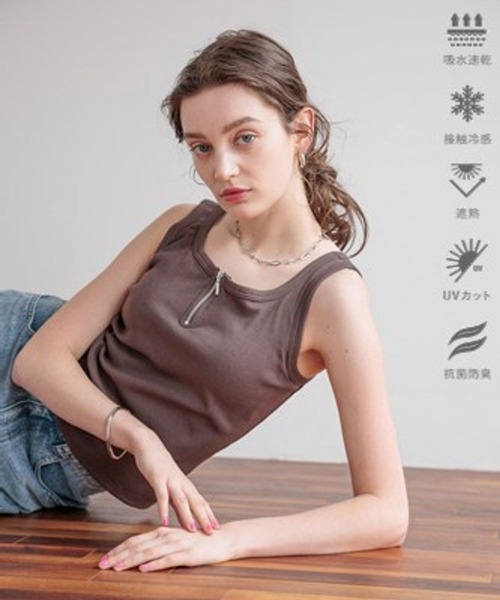 bijorie（ビジュリィ）の「【bijorie】[5つの機能付き]カップ付きハーフジップタンク／NEW BASIC（タンクトップ・レディース・ホワイト/ブラウン/ブラック・MEDIUM/LARGE/LG）」の3枚目の写真