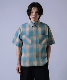 今日だけ限り特価！オンブレチェックシャツブルー青グリーンオモシーチャンネル好きに オンブレ チェック」に該当するシャツ/ブラウス（ブルー・ネイビー