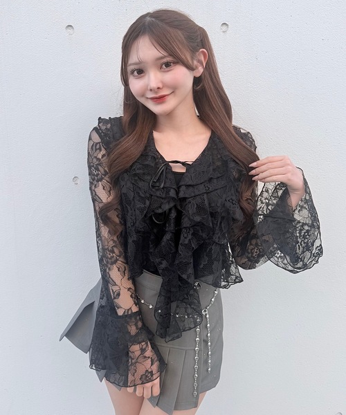 NOMAE(ノーマエ)の「ラッフルリボンブラウス(シャツ/ブラウス・レディース・ホワイト/ブルー系その他/ブラック・FREE)」の3枚目の写真