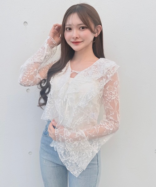 NOMAE(ノーマエ)の「ラッフルリボンブラウス(シャツ/ブラウス・レディース・ホワイト/ブルー系その他/ブラック・FREE)」の4枚目の写真