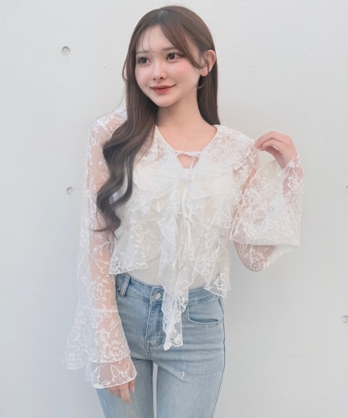 NOMAE(ノーマエ)の「ラッフルリボンブラウス(シャツ/ブラウス・レディース・ホワイト/ブルー系その他/ブラック・FREE)」の5枚目の写真