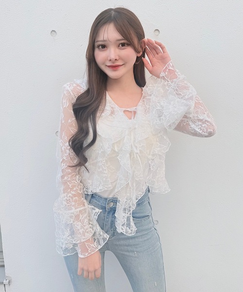 NOMAE(ノーマエ)の「ラッフルリボンブラウス(シャツ/ブラウス・レディース・ホワイト/ブルー系その他/ブラック・FREE)」の6枚目の写真