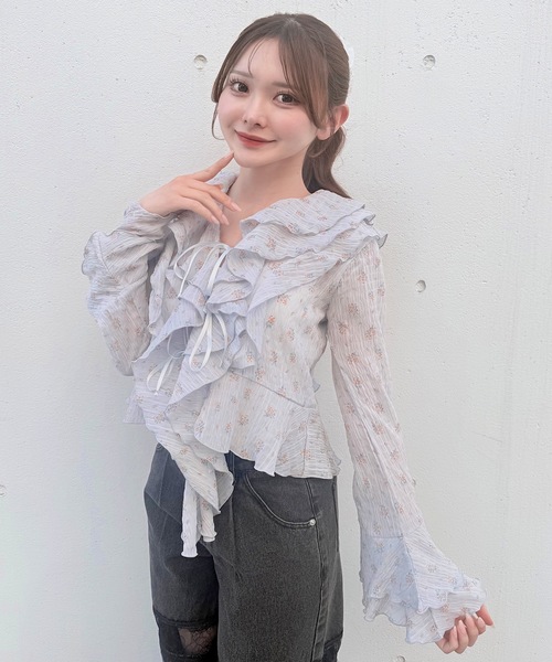 NOMAE(ノーマエ)の「ラッフルリボンブラウス(シャツ/ブラウス・レディース・ホワイト/ブルー系その他/ブラック・FREE)」の15枚目の写真