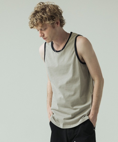 SLICK(スリック)の「【SLICK/スリック】30/2 Micro Border Tank Top/ マイクロボーダー タンクトップ(Tシャツ/カットソー・メンズ・アイボリー/ブラック系その他/スミクロ・3/1/2)」の1枚目の写真