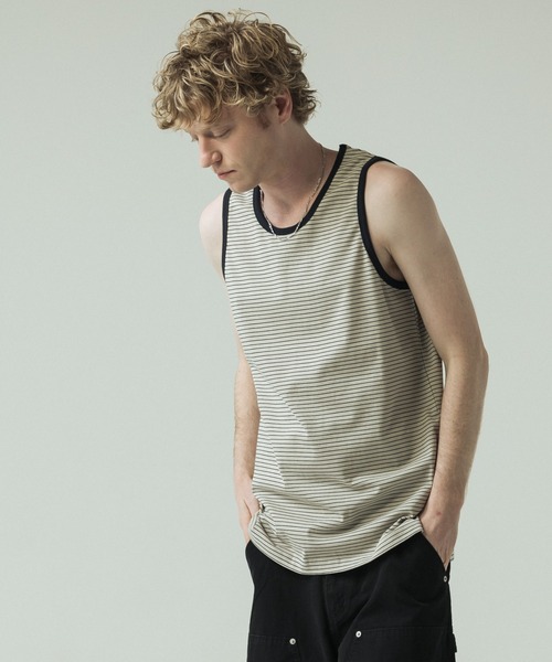 SLICK(スリック)の「【SLICK/スリック】30/2 Micro Border Tank Top/ マイクロボーダー タンクトップ(Tシャツ/カットソー・メンズ・アイボリー/ブラック系その他/スミクロ・3/1/2)」の4枚目の写真