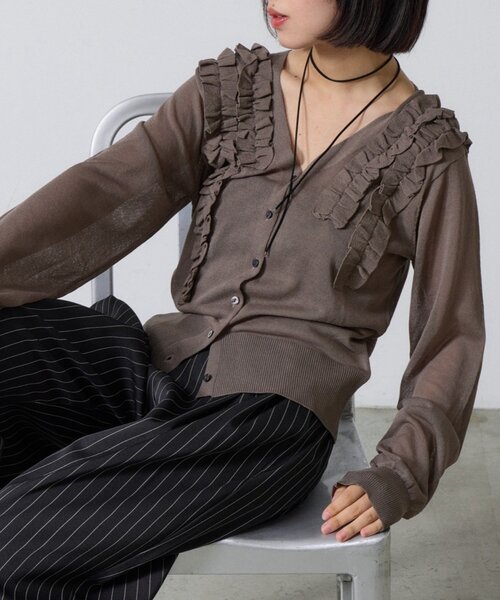 goocy（グーシー）の「アシメフリルシアーカーディガン（ニット/セーター・レディース・ホワイト系その他/ブラウン/チャコールグレー・FREE）」の3枚目の写真