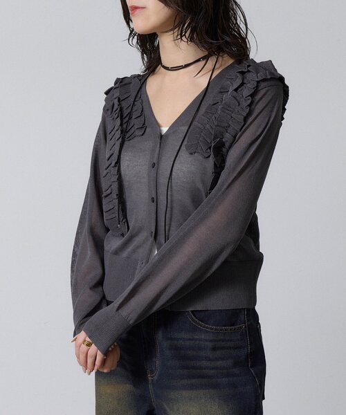 goocy（グーシー）の「アシメフリルシアーカーディガン（ニット/セーター・レディース・ホワイト系その他/ブラウン/チャコールグレー・FREE）」の2枚目の写真