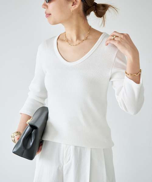 Deuxieme Classe（ドゥーズィエムクラス）の「Rib Open Neck プルオーバー（Tシャツ/カットソー・レディース・グレー/ブラック/ホワイト・FREE）」の9枚目の写真