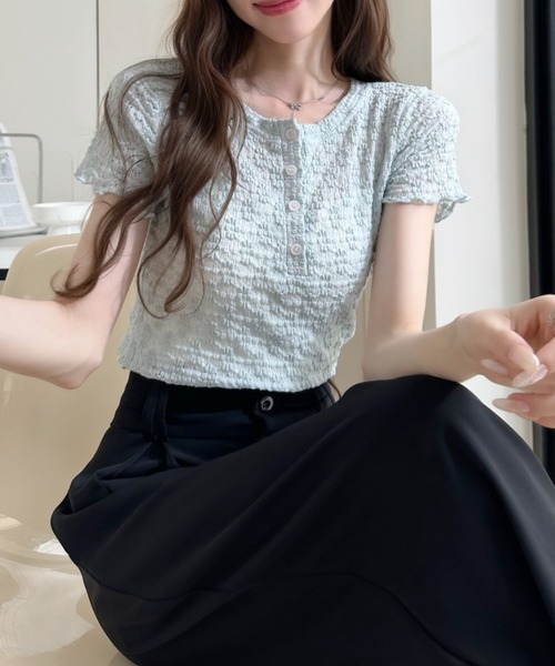 Ada.(エイダ)の「透かし編み風 ヘンリーネック シアー カットソー(Tシャツ/カットソー・レディース・イエロー/ブルー/ホワイト・FREE)」の9枚目の写真