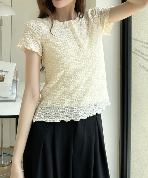 Ada.(エイダ)の「透かし編み風 ヘンリーネック シアー カットソー(Tシャツ/カットソー・レディース・イエロー/ブルー/ホワイト・FREE)」の12枚目の写真