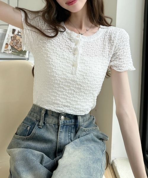 Ada.(エイダ)の「透かし編み風 ヘンリーネック シアー カットソー(Tシャツ/カットソー・レディース・イエロー/ブルー/ホワイト・FREE)」の19枚目の写真