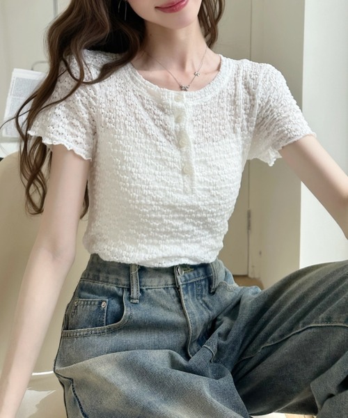 Ada.(エイダ)の「透かし編み風 ヘンリーネック シアー カットソー(Tシャツ/カットソー・レディース・イエロー/ブルー/ホワイト・FREE)」の20枚目の写真
