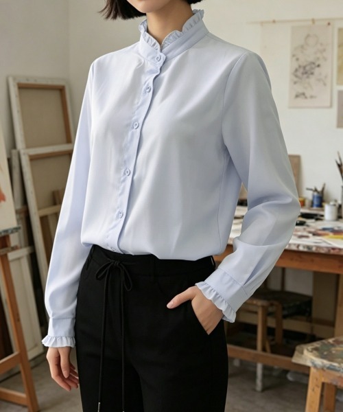Miniministore(ミニミニストア)の「フリルブラウス 長袖 レディース 春夏秋(シャツ/ブラウス・レディース・ピンク/ライトブルー/ブラック/ライトベージュ・FREE)」の3枚目の写真